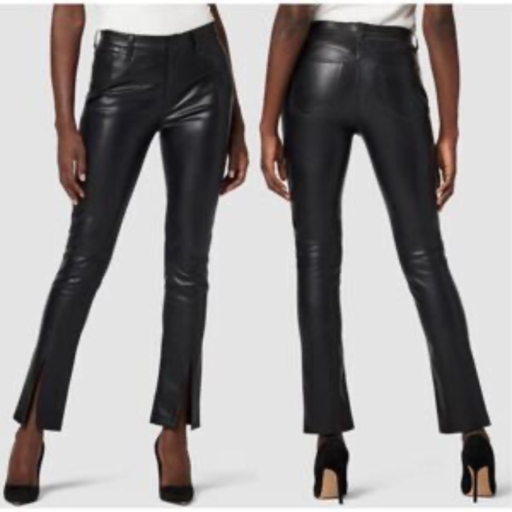 Hudson Barbara Straight High Rise Vegan Leather Slit Hem Black Jeans Women’s  25